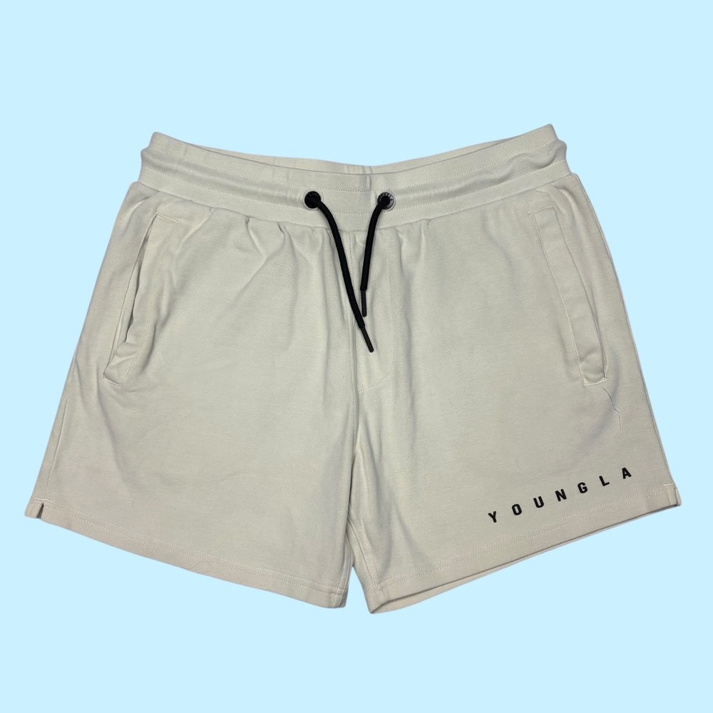 YoungLA Mens Fleece Gym Shorts Cream Off White Logo Athletic Size M 1504